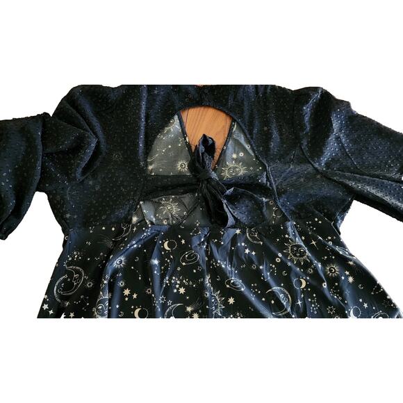 Neon Rose Moon Print Constellation Sheer Bell Sleeve Midi Dress Black Sz 28 - Picture 7 of 8